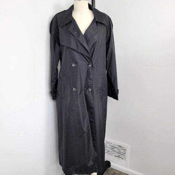 Vintage Y2K Maggie Lawrence Trench Coat Size 6 – Classic Black Belted Rain Coat - Picture 2 of 12